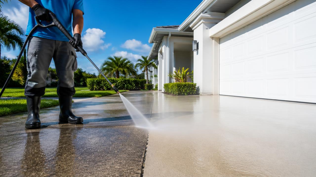 Professional pressure washing a residential driveway with a visible before-and-after clean surface